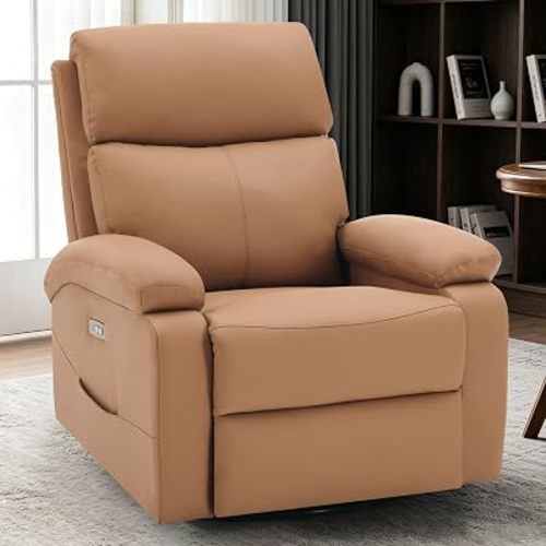 Korser Power Swivel Rocker Recliner Chair, Electric Glider Rocking Chair Nursery with Massage & Heat, PU Leather Nursery Rocking Chairs with USB & Type-C Ports for Living Room, Bedroom, Nursery, Brown