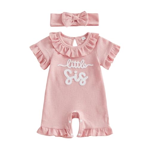 allshope Newborn Baby Girl Summer Outfit Romper Little Sister Lil Sis Embroidery Ruffle Collar Jumpsuit Infant Waffle Clothes