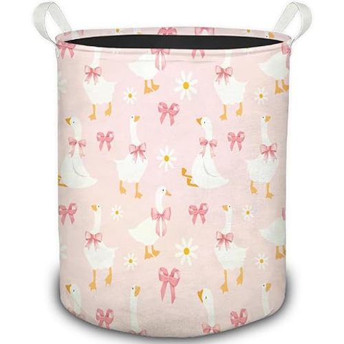 Coquette Pink Bow Goose Laundry Basket, Preppy Pink Goose Daisy Floral Foldable Laundry Hamper With Handles Clothes Toys Storage Basket for Girls Nursery Kids Bedroom Bathroom