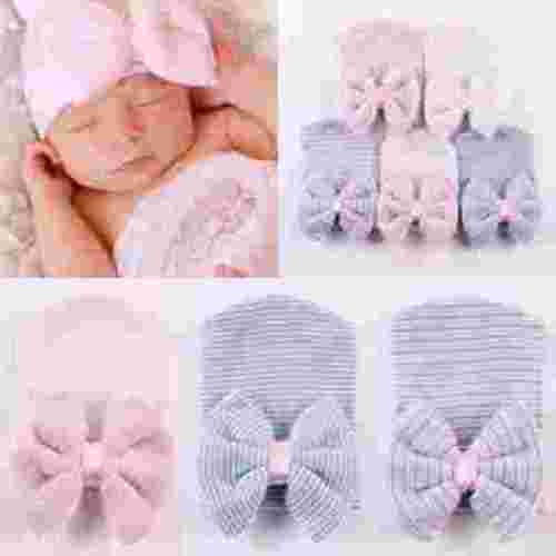 Sinhoon Baby Girls Infant Striped Soft Hat with Bow Cap Hospital Newborn Nursery Beanie Caps