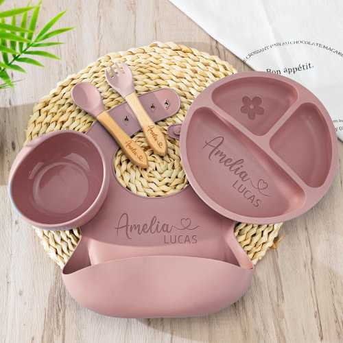 Set de destete de silicona personalizado, set de alimentación para bebé con nombre, set de destete para bebés pequeños, plato personalizado para bebé, regalo para baby shower, regalo para bebé