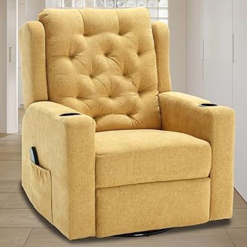 Oversized Swivel Rocker Recliners with Wide Seat Tufted Fabric Manual Massage Recliner Chair with Cup Holders, Reclining Rocking Nursery Glider Chairs for Living Room, Yellow