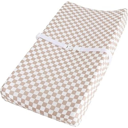 LifeTree Diaper Changing Pad Cover for Boys Girls - Soft Muslin Fitted Changing Table Sheets - 16"x32" Viscose from Bamboo Cotton Blend - Tan Checkered Print
