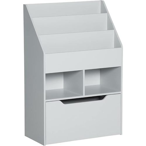 HOMCOM Kids Bookcase Multi-Shelf Rack Organizer with Storage Drawer for Books, Playroom, Gray