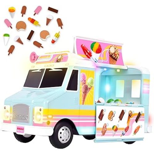 Maxx Action 12” Ice Cream Food Truck, Lights and Sound, Includes 16 Pieces with Miniature Food, Imaginative Food Play for Girls and Boys 3+