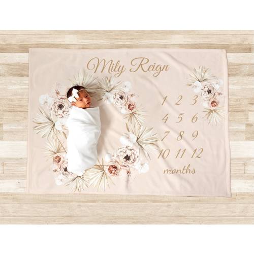 PERSONALIZED GIRL BABY Milestone Blanket Girl Pink Flower Monthly Floral Month Custom Age Growth New Mom Baby Shower Gift Neutral Boho Minky