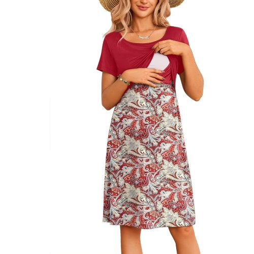 Ekouaer Women's Nursing Dress Summer Short Sleeve Patchwork Maternity Breastfeeding Knee Length Dress