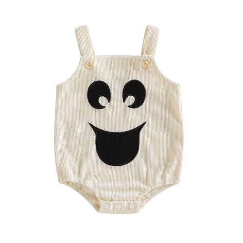 Lamuusaa Newborn Baby Girl Boy Halloween Outfit Sleeveless Ghost Embroidery Romper One Piece Ribbed Bodysuit Jumpsuit 0-18M