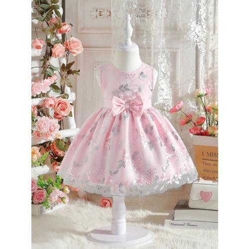 SHEIN Baby Girl Elegant & Tulle Flower Embroidery Bow Decoration Princess Dress For Party & Banquet | SHEIN USA