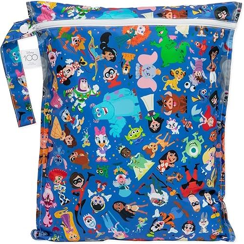 Bumkins Disney Waterproof Wet Bag for Baby, Travel, Swim Suit, Cloth Diapers, Pump Parts, Pool, Gym, Toiletry, Strap to Stroller, Daycare, Zipper Reusable Bag, Packing Pouch, 100 Magical Celebration