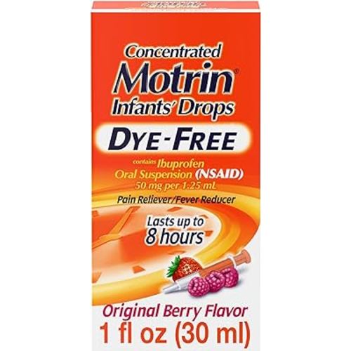 Motrin Infants' Oral Suspension Concentrated Liquid Medicine Drops with Ibuprofen, NSAID Fever Reducer & Pain Reliever for Babies, Dye Free, Alcohol-Free, Original Berry Flavor, 1 fl. oz