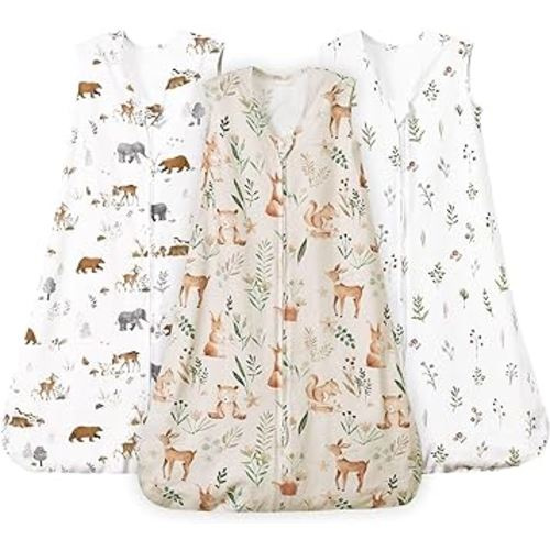 PHF Baby Sleep Sack 0-6 Months 3 Pack 100% Cotton Baby Wearable Blanket, 2-Way Zipper 0.5 TOG Toddler Sleeping Sack, Comfy Sleep Bag for Baby Boys Girls, Woodland&Animal (Small)