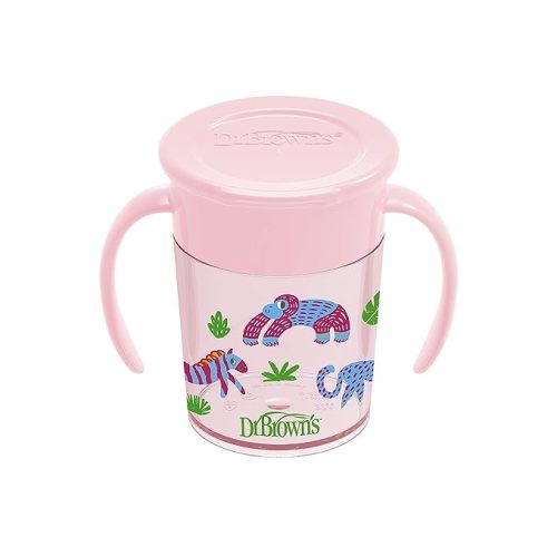 Dr. Brown's Milestones Cheers 360 Cup Spoutless Transition Cup with Handles for Easy Grip and Leak-Free Learning, Pink Safari, 7 oz/200 mL