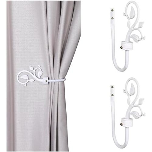 Leaf Shaped Curtain Holdbacks 2pcs, Handmade Metal Curtain Holders for Wall, Antique Brass Curtain Tieback Hook Pull Backs for Drapes Window Home Decoration (White)