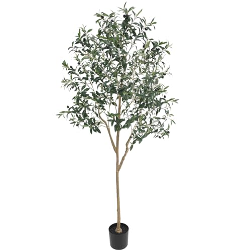Artificial Olive Tree for Living Room Decor, 6FT Tall Faux Silk Plant Artificial Tree in Potted Oliver Branch Leaves and Fruits for Modern Home Decor Indoor