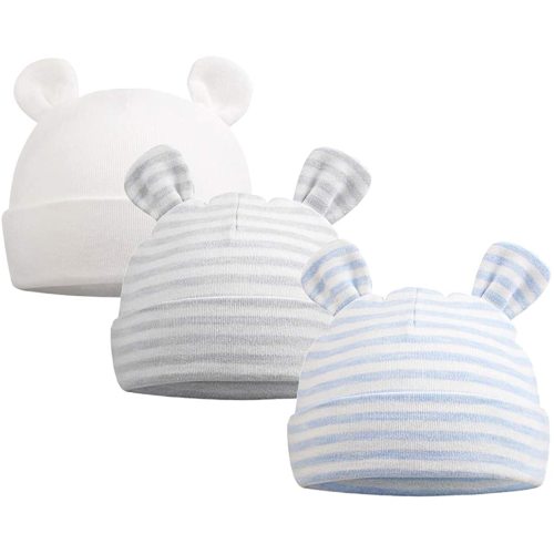 Original Cotton Newborn Beanies Striped Cute Baby Hat for Boys Girls Bear Ears Infant Beanie 2-Pack