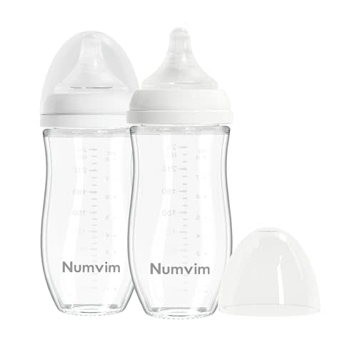 Numvim Glass Nurturing Baby Bottle for Breastfeeding Babies, Baby Essentials, Gentle Medium Flow, Wide Neck Bottle with Anti Colic Nipple for 3 Months Babies, Includes M Nipples (8Oz, 2 Packs)