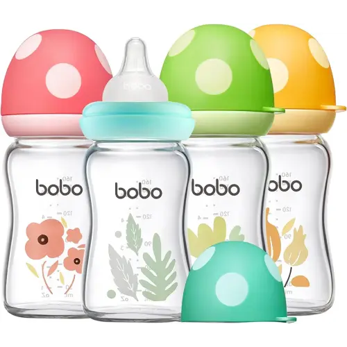 YOHKOH Natural Glass Baby Bottle with Level 1 Slow Flow Nipple, Newborn Anti-Colic Baby Bottles, Wide Neck Mushroom Baby Glass Bottle (Multicolour1, (5.4oz (Pack of 4))