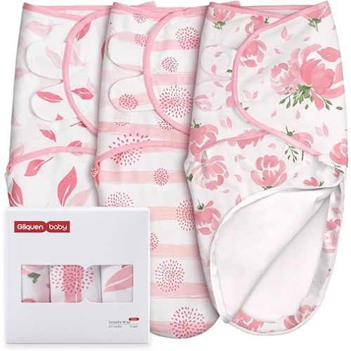 GLLQUEN BABY Baby Swaddle Sleep Sacks with Zipper - 3-Pack Newborn Swaddle Sack, Baby Swaddles Sleep Sack 0-3 Months,Pink Floral or Leaves, Swaddling Blankets 3 Pack Wrap Set, Easy Change Swaddle