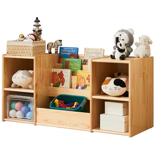 F3C | Montessori Bookshelf and Toy Storage | 3-Section Kids Bookshelf for Organizing Books | 2-Shelf Toy Organizers and Storage cabinet | Natural Wood Bookcase with storage | Kids Organizer