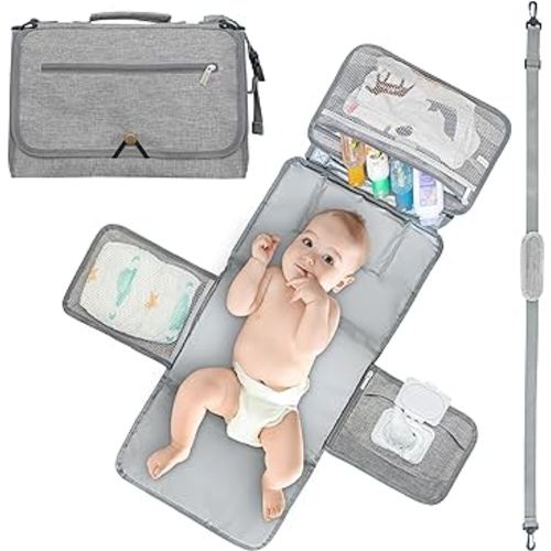 LittleLiner Portable Changing Pad with Shoulder Strap, 27"x13.5" - Portable Diaper Changing Pad with Wipes Pockets & Head Pillow - Fully Padded & Waterproof Travel Changing Pad for Baby (Gray)