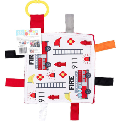 Baby Sensory Crinkle & Teething Square Lovey Toy with Closed Ribbon Tags for Increased Stimulation: 8"X8" (Firefighter)