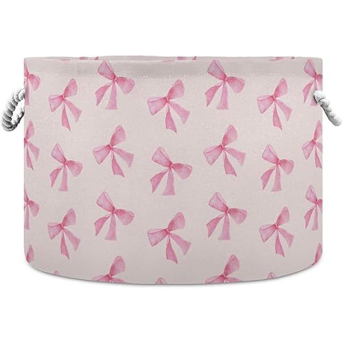 Burbuja Pink Bow Round Storage Basket with Cotton Rope Handles, Laundry Basket for Blankets, Toys, Nursery, Living Room Decoration