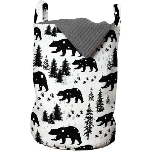 Lunarable Hipster Antler Laundry Bag, Greyscale Style Repetitive Pattern of Bear Footprints and Trees, Hamper Basket with Handles Drawstring Closure for Laundromats, 13" x 19", Black Pale Grey White