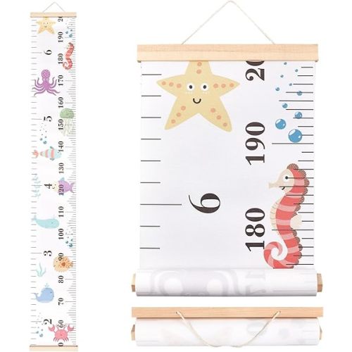 CREATCABIN Sea Animals Growth Chart Fabric Canvas Height Measurement Ruler Wood Frame Hanging Removable Cartoon Wall Rulers for Home Living Room Decoration Nursery Decor Gift 8.39 x 59 Inch