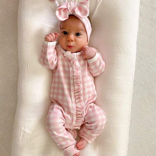 Newborn Checkered Jumpsuit With Headband