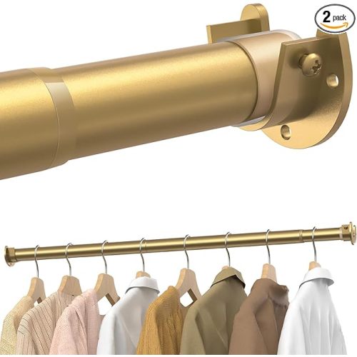 2 Pack Closet Rods for Hanging Clothes, 17 to 28 Inches Stepless Adjustable Metal Closet Rod, 1.3 Inches Heavy Duty Clothes Hanging Rod for Closet Wardrobes Laundry RV, Golden