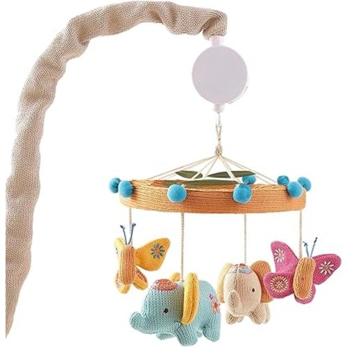 Levtex Baby - Zahara Musical Rotating Baby Crib Mobile - Knit Elephants and Butterflies - Orange, Teal, Yellow, Red, Fuchsia - Nursery Accessories