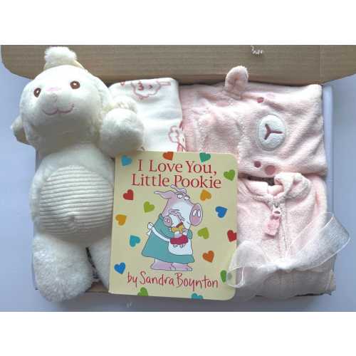 Lamb Baby Girl Gift Box Bundle – 3 Piece Outfit, Plush Lamb Toy & Board Book | Baby Girl Shower Gift Box | Newborn Gift Set | 0–3 or 3–6 M