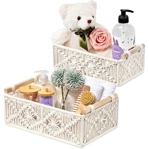 Sorbus Macrame Boho Decor Baskets - 2 Decorative Gift Baskets for Nursery, Baby Room, Toilet Tank Top - Lined Baby Basket Set for Organizing Changing Station, Linens, Clothes, Diapers, Toiletries
