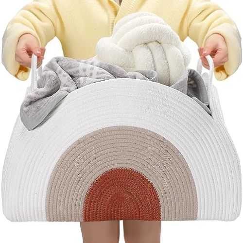 Zopeal Large Rainbow Storage Basket Rope Blanket Basket 21.7"x15"x12"baby Diaper Caddy Organizer Storage Dirty Clothes Basket for Desk Toy Gifts Bedroom Nursery Decor Organizing