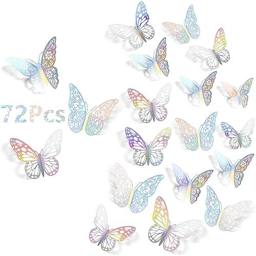 SAOROPEB 3D Butterfly Wall Decor, 72Pcs 3 Sizes 3 Styles, Removable Butterfly Stickers Butterfly Decorations for Room Decor Party Balloon Addition Cake Decoration Flower Arrangements, Laser