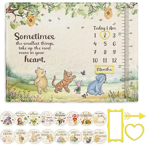 The Pooh Baby Monthly Milestone Blanket, Winnie Monthly Blanket Growth Chart, Winnie Quotes Decor with Double-Sided Printed Cardstock(16 Unforgettable Moments of Babies) 30 * 40in