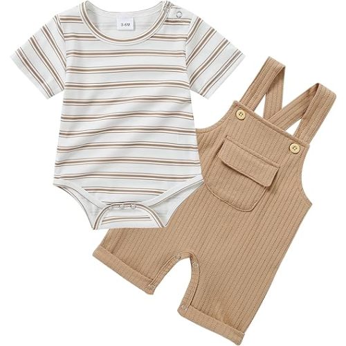 CARETOO Newborn Baby Boy Clothes Infant Boy Romper Fall Winter Outfits Bodysuit 2Pcs Striped Long Sleeve Top Overalls 0-18M