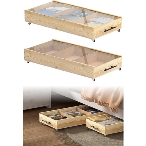 2-Pack Solid Wood Under Bed Storage Drawer with Lids, Wheels, Handles - Divided Underbed Cabinet for Closet - Wooden Crate Organizer for Clothes - Underneath Container Fit for Any Bed Size （Brown）