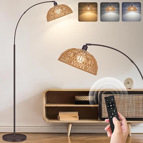 Boho Floor Lamp with Remote- Arc Tall Lamps, Bronze Floor Lamps with Stepless Dimmable Bulb, Hand-Worked Adjustable Rattan Lampshades, Brown Rattan Standing Lamp