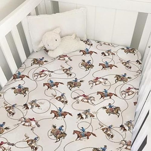 Vintage Cowboy Life Baby Crib Sheets for Boy Girl Country Western Cowboys Horse Soft Snug Fitted Crib Mattress Covers Fit 52''x28'' Standard Crib & Toddler Mattress Wild West Nursery Bed Sheets