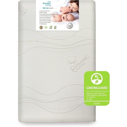Wonder Dream Mini Crib Mattress, Organic Cotton Cover, 100% Breathable, Non Toxic, No VOC's, Greenguard Gold Certified, Made in USA