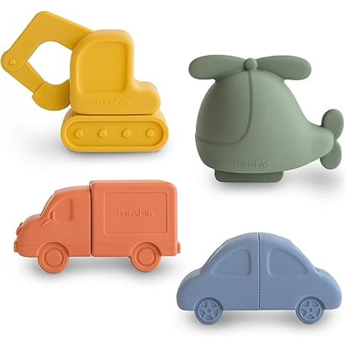 mushie Vehicles Bath Toys Play Set for Toddlers | 100% Food Grade Silicone | Mold Free, Pack of 4