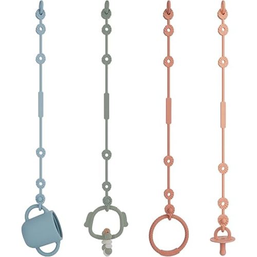 Toy Straps for Baby, Silicone Pacifier Clips Adjustable Stretchable Sippy Cup Straps for Strollers, High Chair, Cribs, Hanging Baskets, Shopping Trolley, Car Seat, Bags (Ether+Sage+Apricot+Muted)