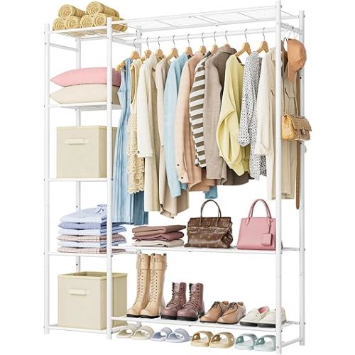 Wardrobe Closet,Portable Clothes Rack with 4 Tiers Shelves,Freestanding Closet Organizers and Storage System with Hanging Rods,Steel Clothing Rack Suitable for Cloakrooms,Bedrooms,Entrances,etc.White