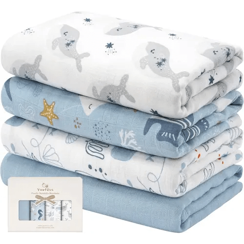 Yoofoss Muslin Swaddle Blankets, 4-Pack Receiving Blankets for Baby Boys and Girls, 47 x 47 Inches Baby Swaddle Neutral Wrap 70% Rayon from Bamboo and 30% Organic Cotton