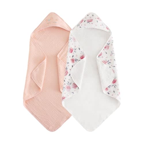 PHF 100% Muslin Cotton Baby Hooded Towels, 2 Pack Bath Towel with Hood for Newborn, Infant, Toddler, Ultra Soft and Absorbent Baby Bath Essentials, Shower Gifts for Girls, 32x32Inch, Pink Floral