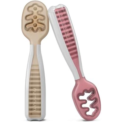 NumNum Baby Spoons Set, Baby Essentials Pre-Spoon GOOtensils for 6+ Months, First Stage Self-Feeding Spoons for Baby Led Weaning (BLW), Silicone Toddler Utensils, BPA-Free, 2 Pack Beige/Mauve