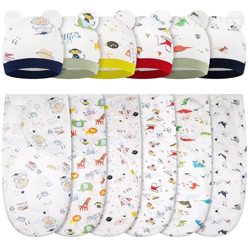 Ramede 6 Pack Baby Swaddle Blanket with Hats Sleep Swaddle for 0-3 Months Newborn Sacks Soft Cotton Wearable for Baby Boy Girl Sleeping(Colorful, Rocket)