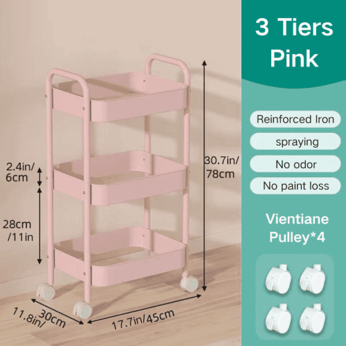 FTCBJJA Carbon Steel Storage Cart, 3-Tier Rolling Storage Mobile Utility Cart, Living Room, Kitchen Sorting Metal Storage Organizer Pink